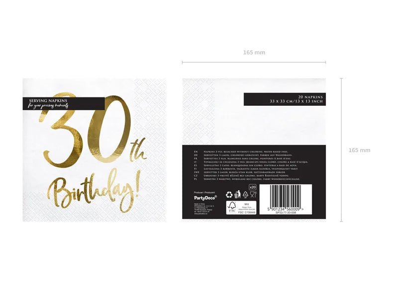 White and gold 30th birthday napkins for milestone celebrations, shipping across Canada.