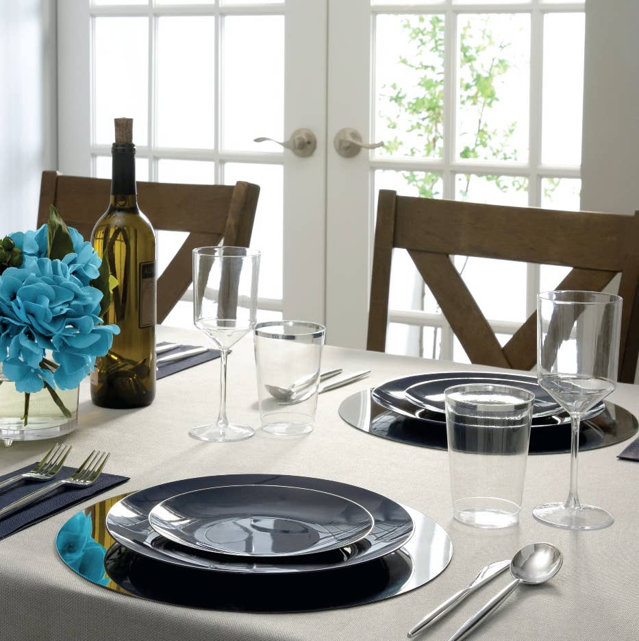 NAVY & SILVER ROUND REUSABLE DESSERT PLATES | 10 PIECES