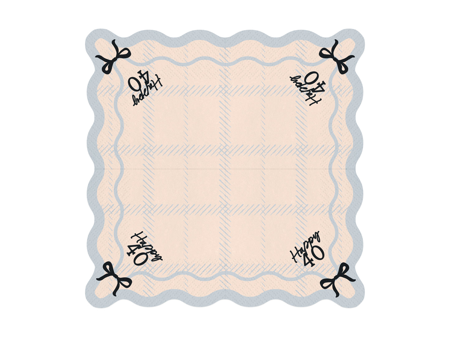 Flat lay of Happy 40 scalloped napkin with pastel plaid pattern and bow detail, ideal for 40th birthday parties in Toronto