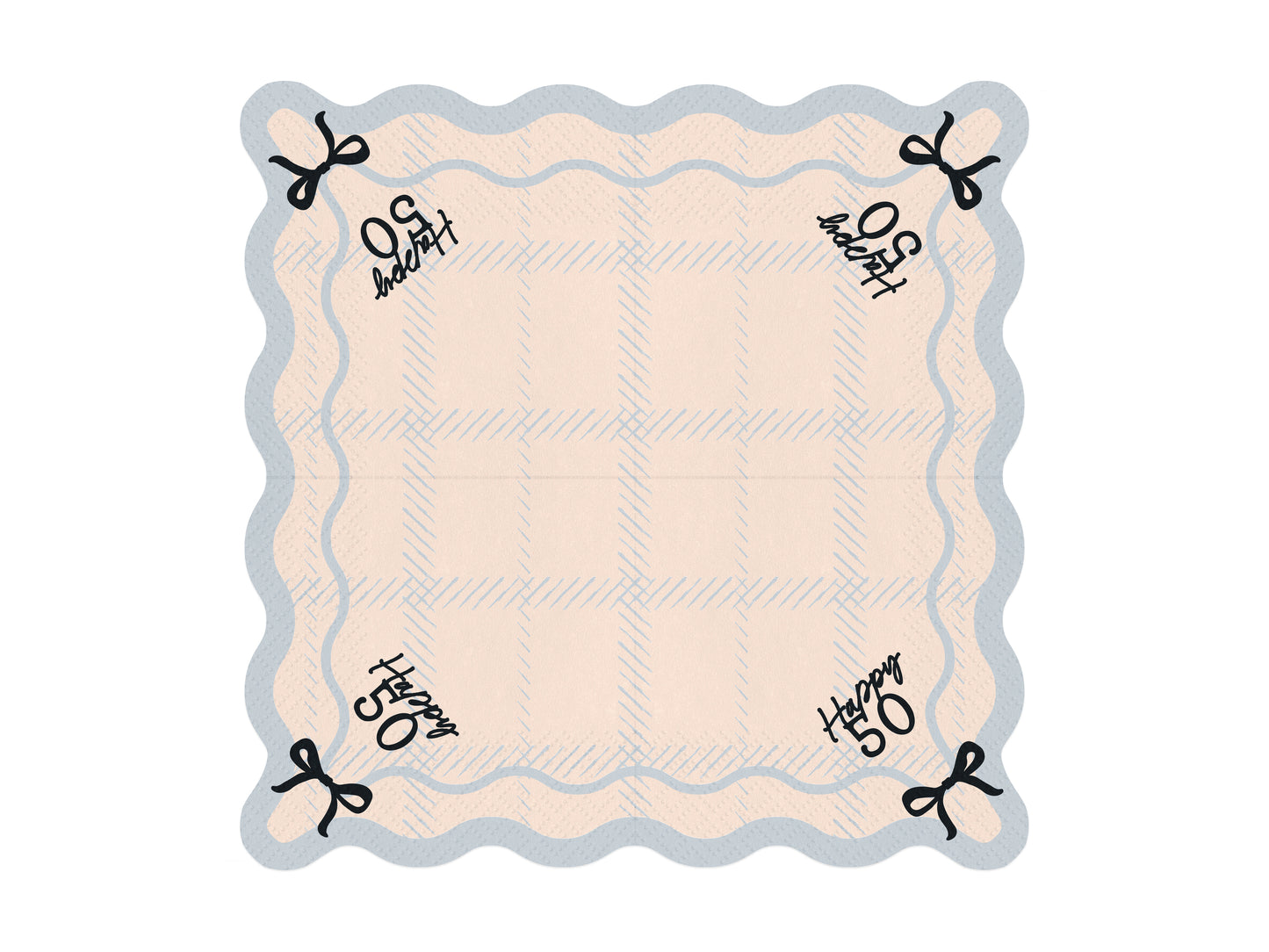 Flat lay of Happy 50 scalloped napkin with pastel plaid pattern and bow detail, ideal for 50th birthday parties.