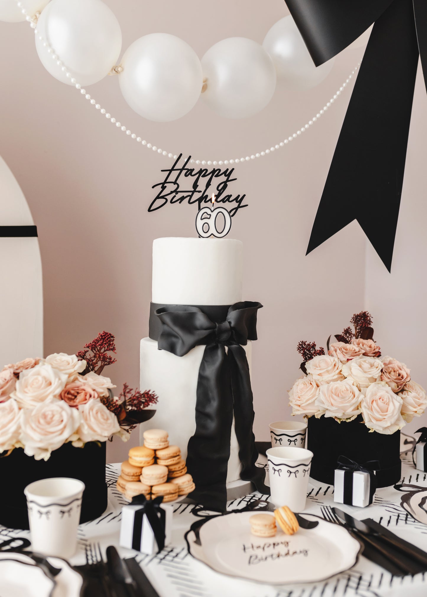 60th birthday themed talescape - black and white bow