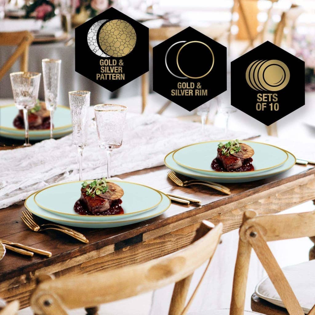 MINT & GOLD ROUND REUSABLE DINNER PLATES | 10 PIECES