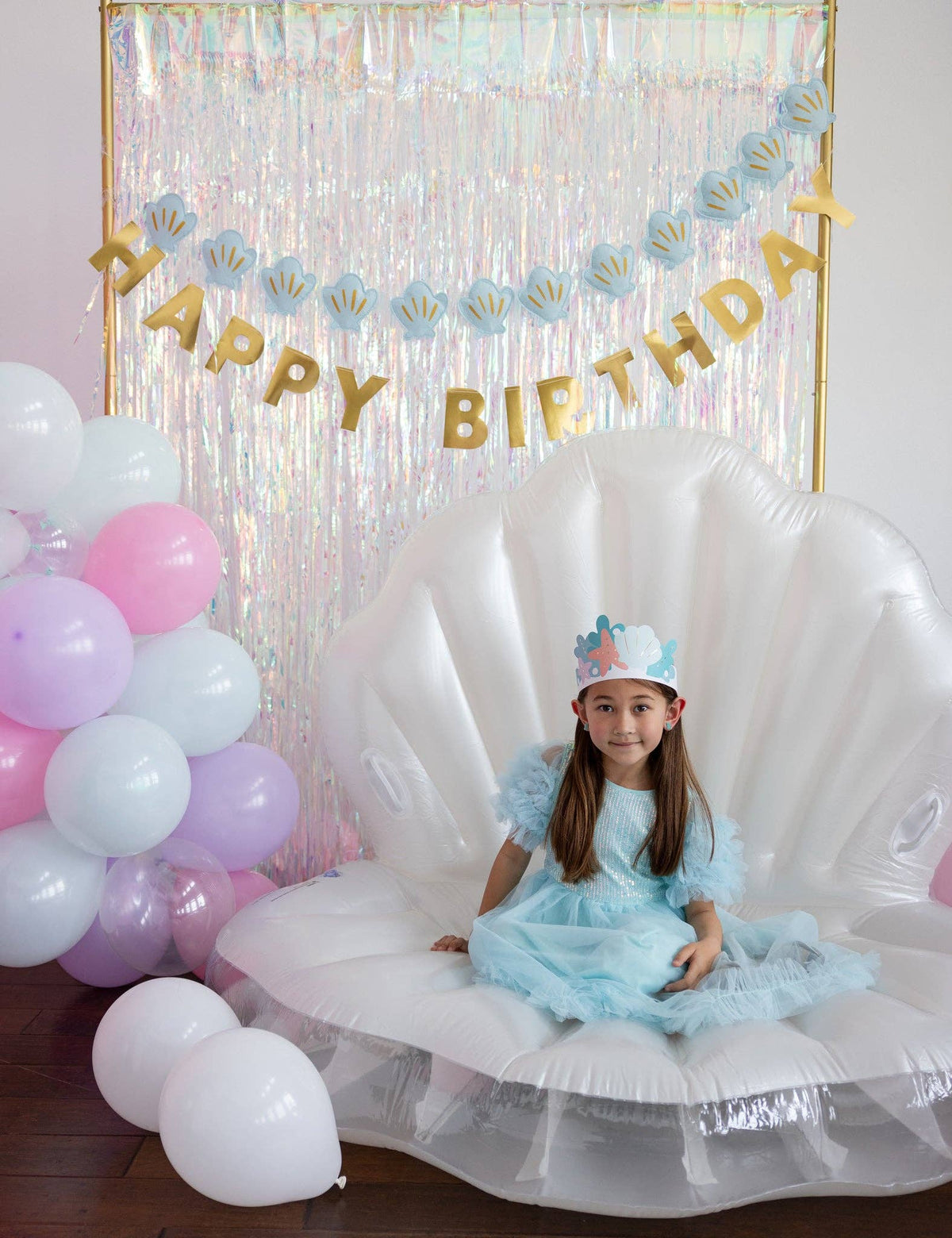 My Mind's Eye Mermaid Happy Birthday Banner Set packaging with mint felt seashells and gold foil lettering. Toronto pickup + Canada-wide shipping available.