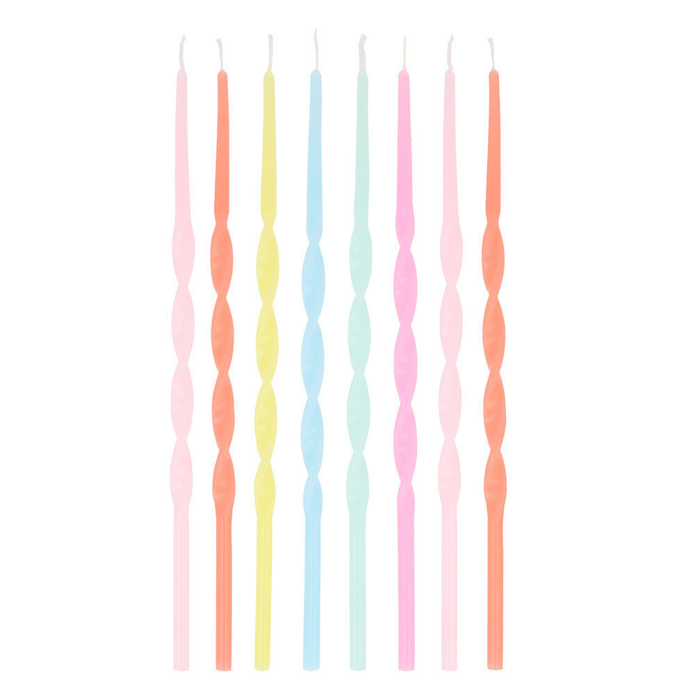 Meri Meri twisted birthday candles in pink, coral, yellow, pale blue and mint