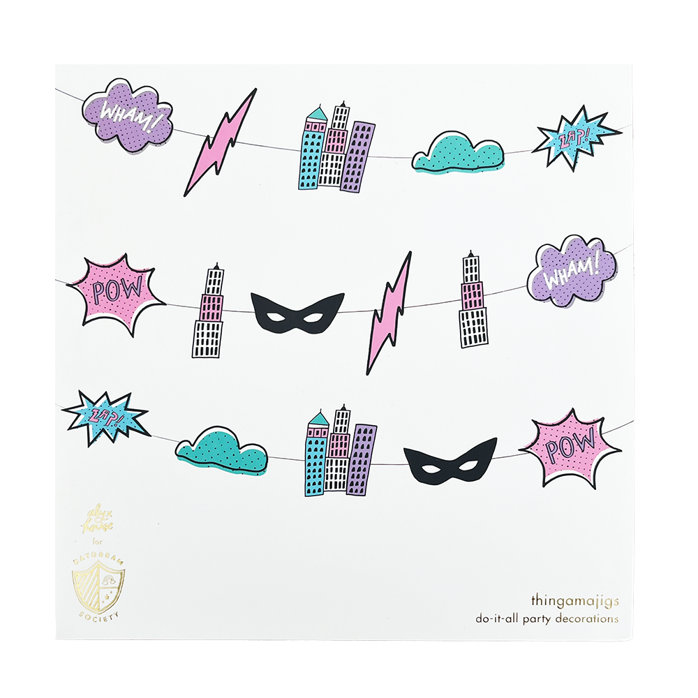 Pink Superhero-themed party decoration banner with various icons on a white background