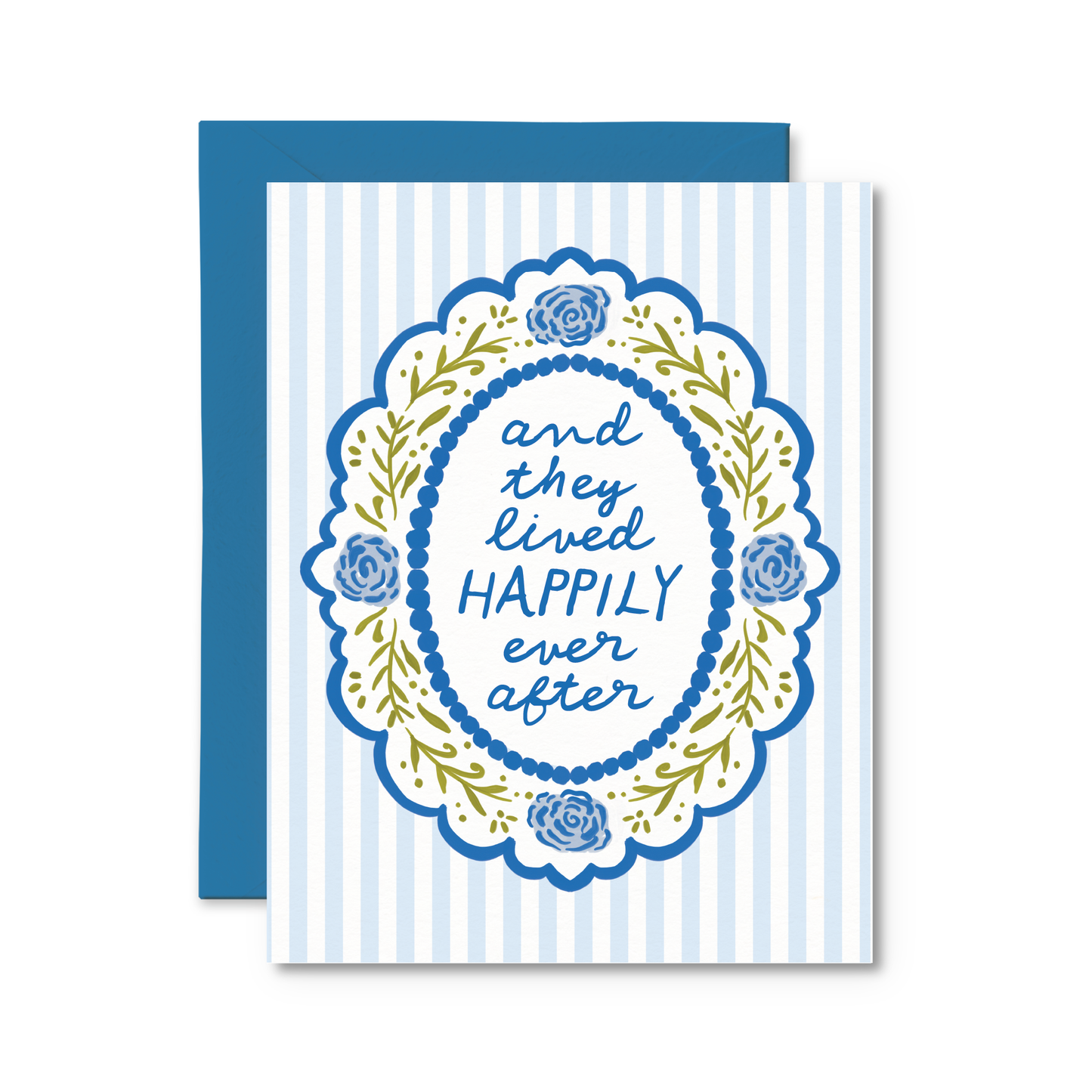Blue striped wedding greeting card with floral details available at our Toronto party shop.