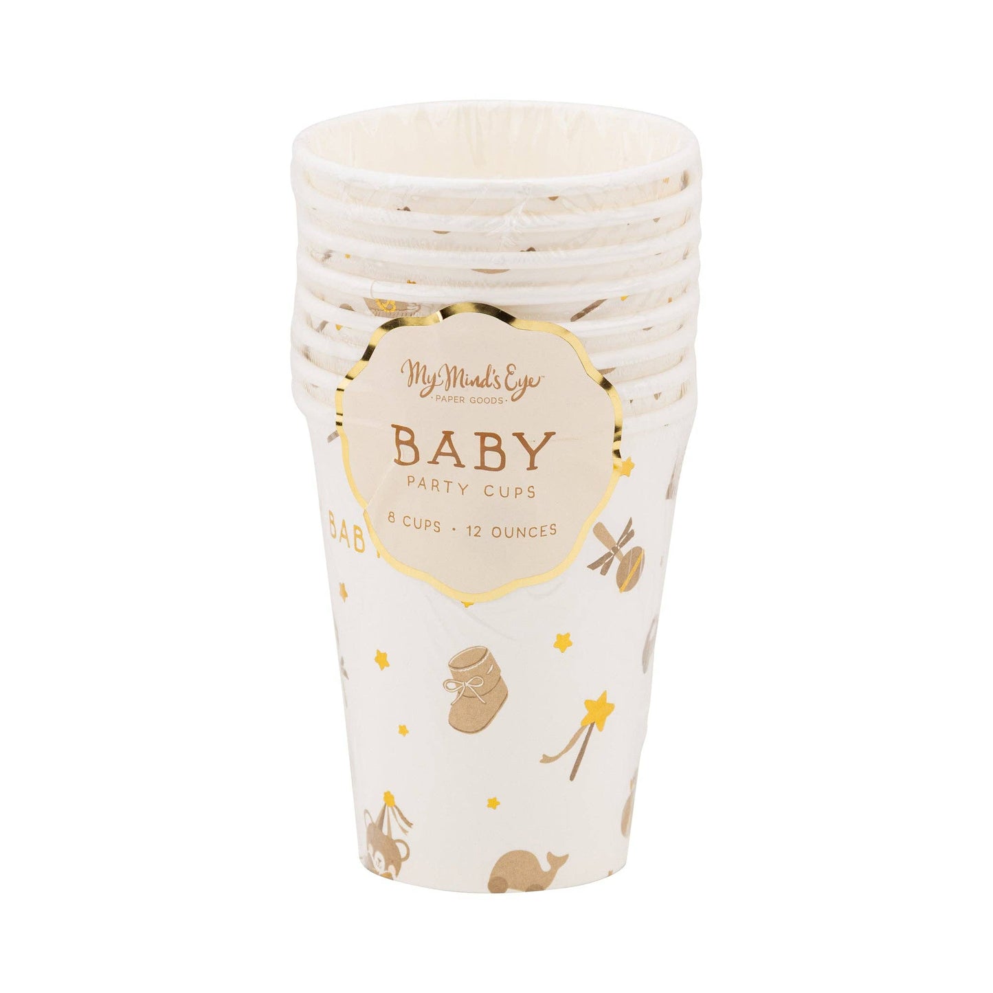 Set of baby bear-themed paper cups with gold and tan illustrations on a white background.