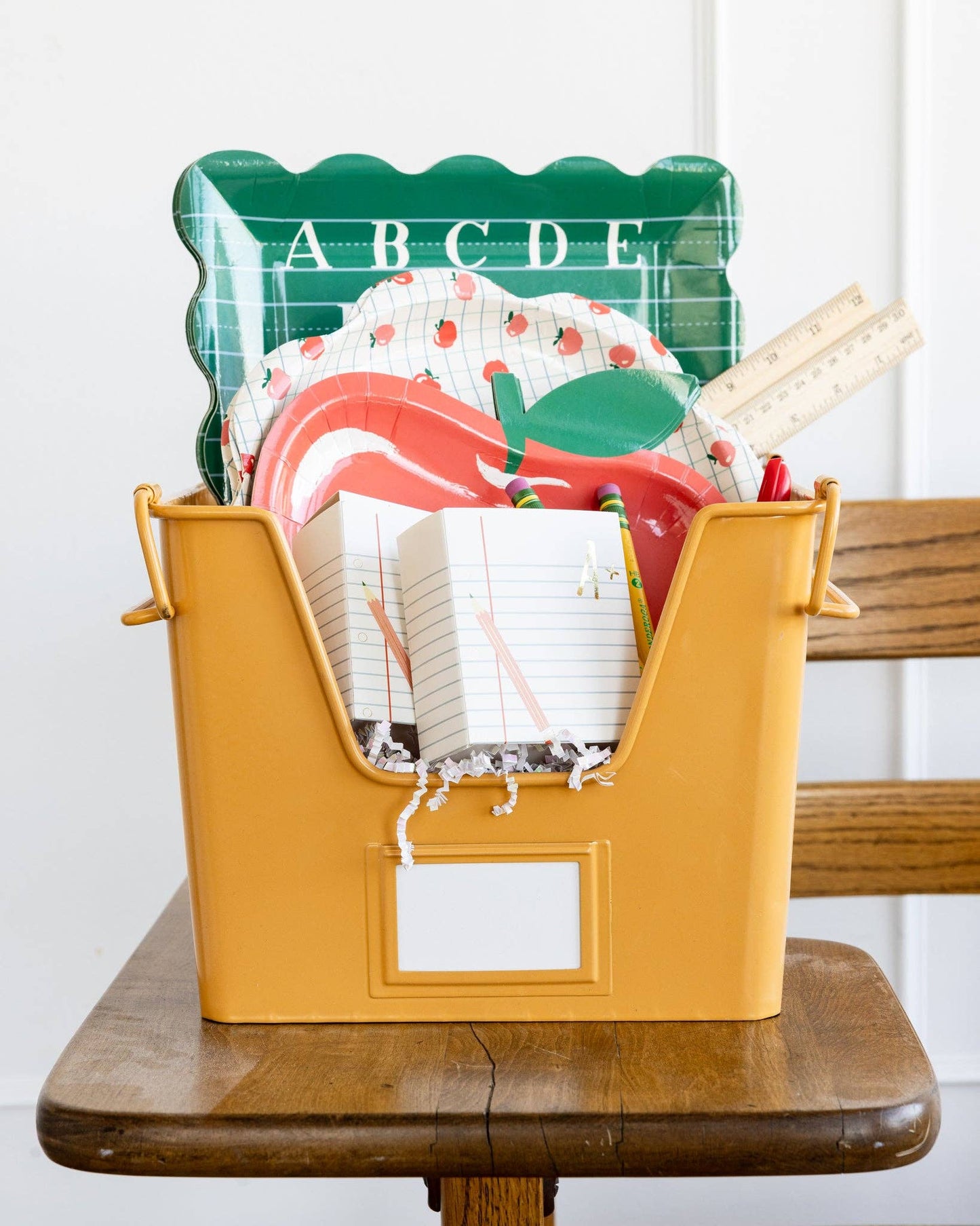 back to school party supplies: locker, plates, snack boxes, table runner