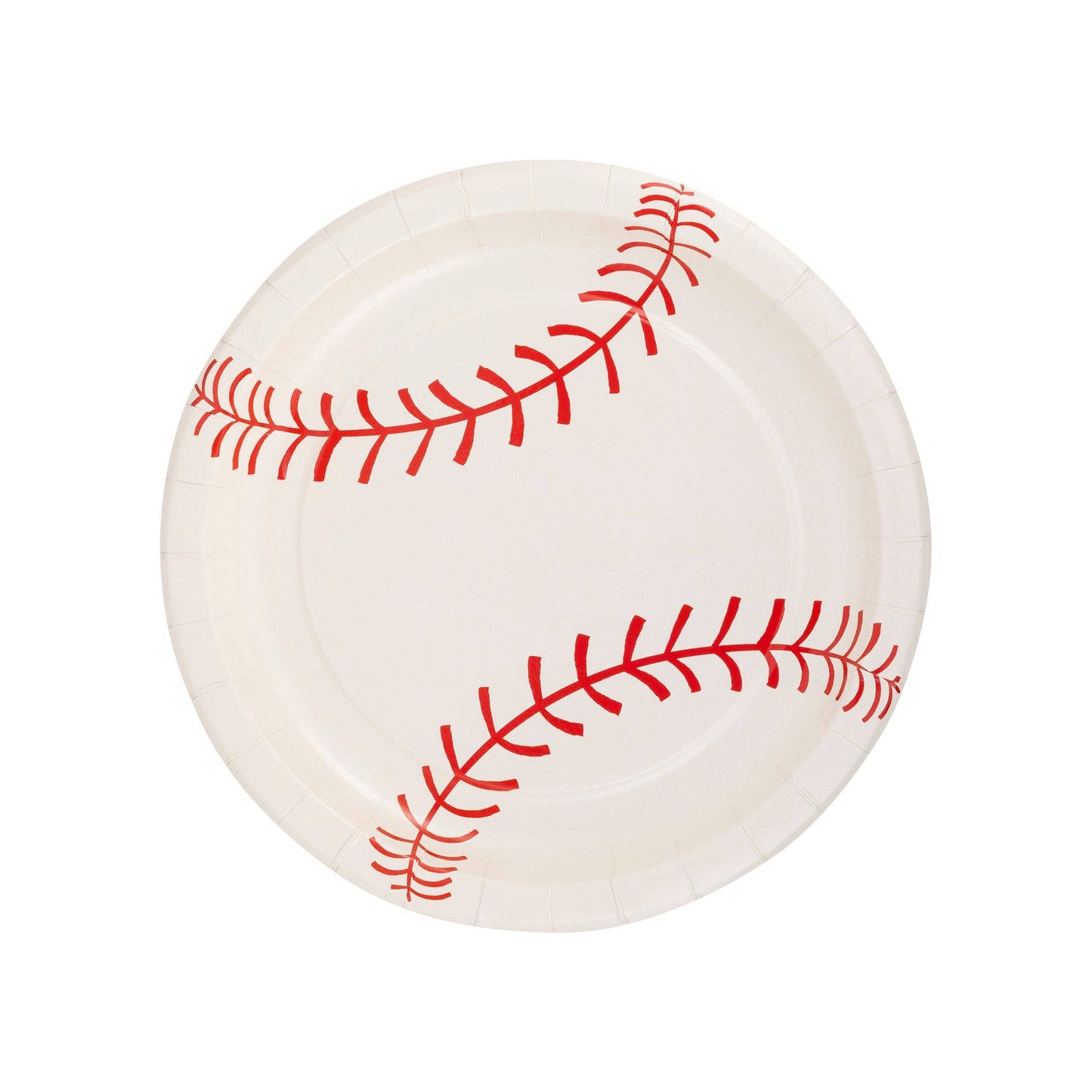 Baseball plates with red stitching.