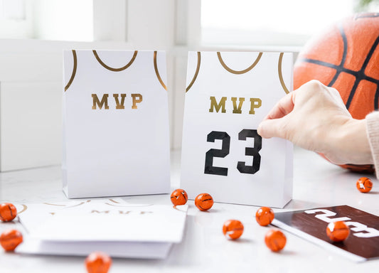 basketball treat bags with custom jersey gold numbers