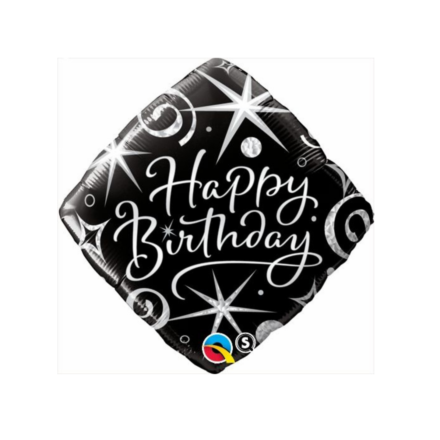 Diamond-shaped foil balloon in black with silver swirls and stars, reading βHappy Birthday,β perfect for parties, available in Toronto and shipping across Canada.