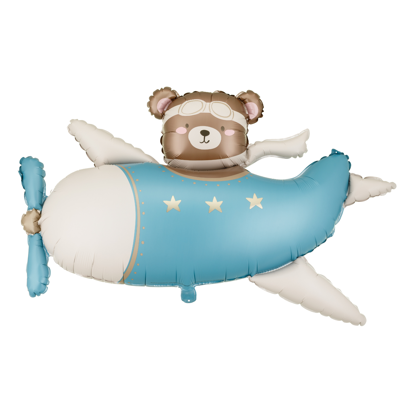 Blue bear airplane foil balloon with star details in soft pastel tones, perfect for baby showers available at our Toronto party shop.