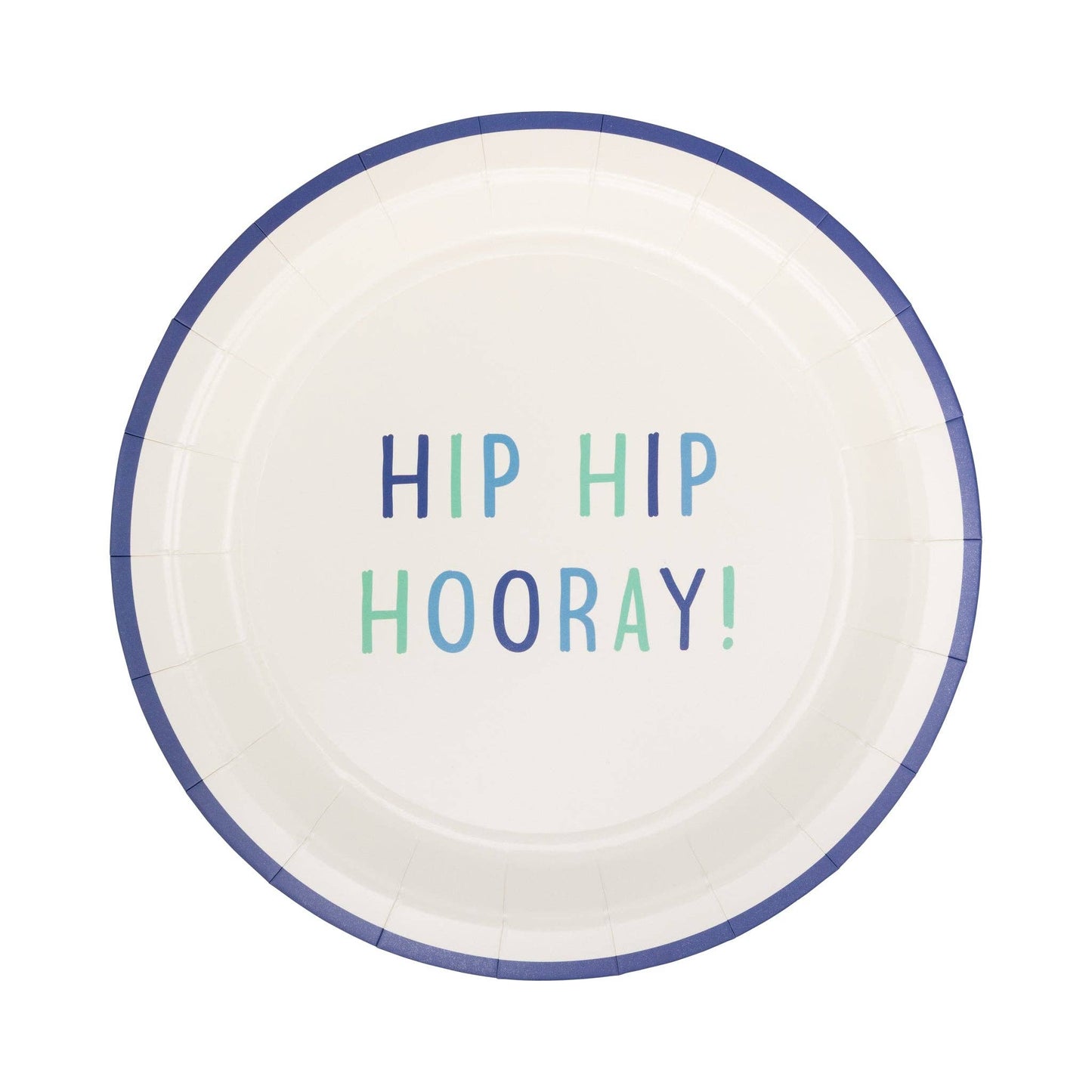 Hip Hip Hooray paper party plate with blue rim and blue and mint lettering available at our Toronto party shop.