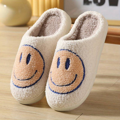 fuzzy smiley face slippers blue and orange