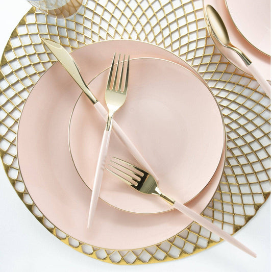 blush and gold dinner and side plate with blush and gold cutlery plate setting