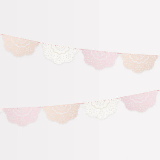 broderie anglaise lace multi pennant garland in pink, peach and ivory by meri meri