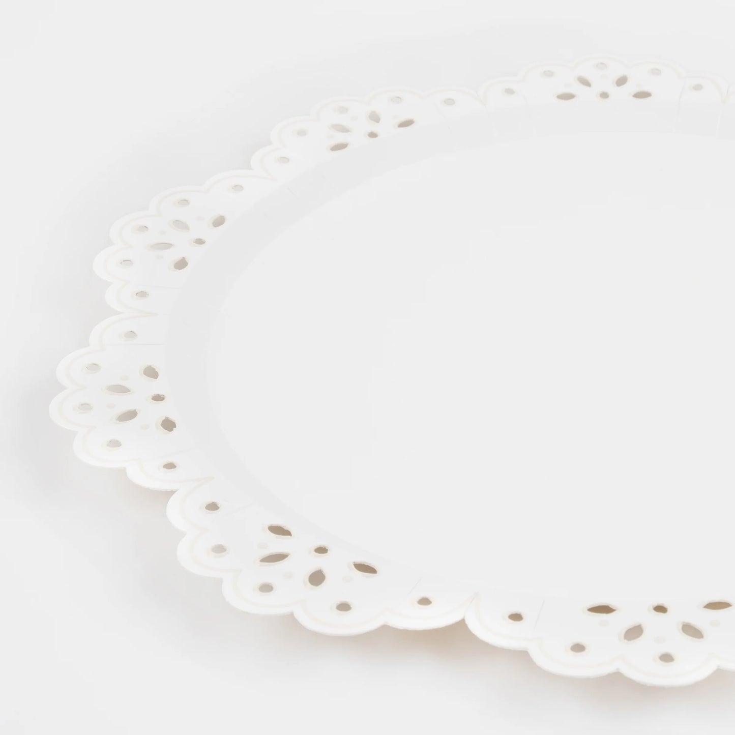 broderie anglaise lace white dinner plates by meri meri pack of 8 close up
