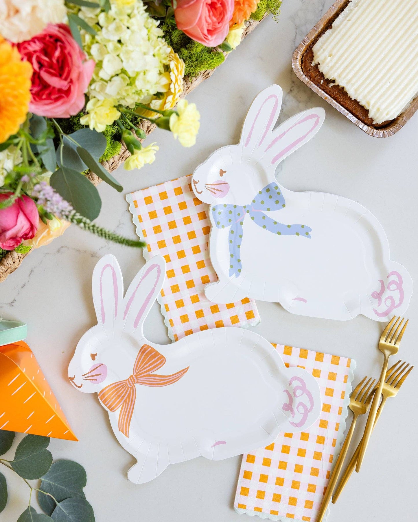 Carrot patch gingham dinner napkins styled with bunny plates for an Easter table, sold in Toronto at Confetti My Party