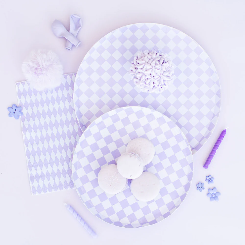 checkered purple napkins setup inspo