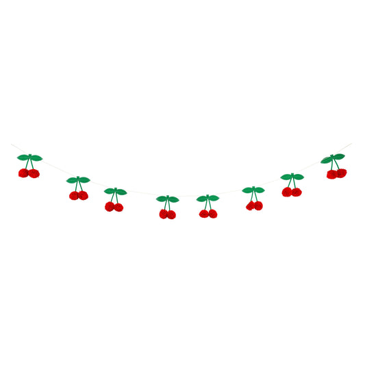 Full-length cherry pom pom felt banner featuring red pom pom cherries and green felt leaves