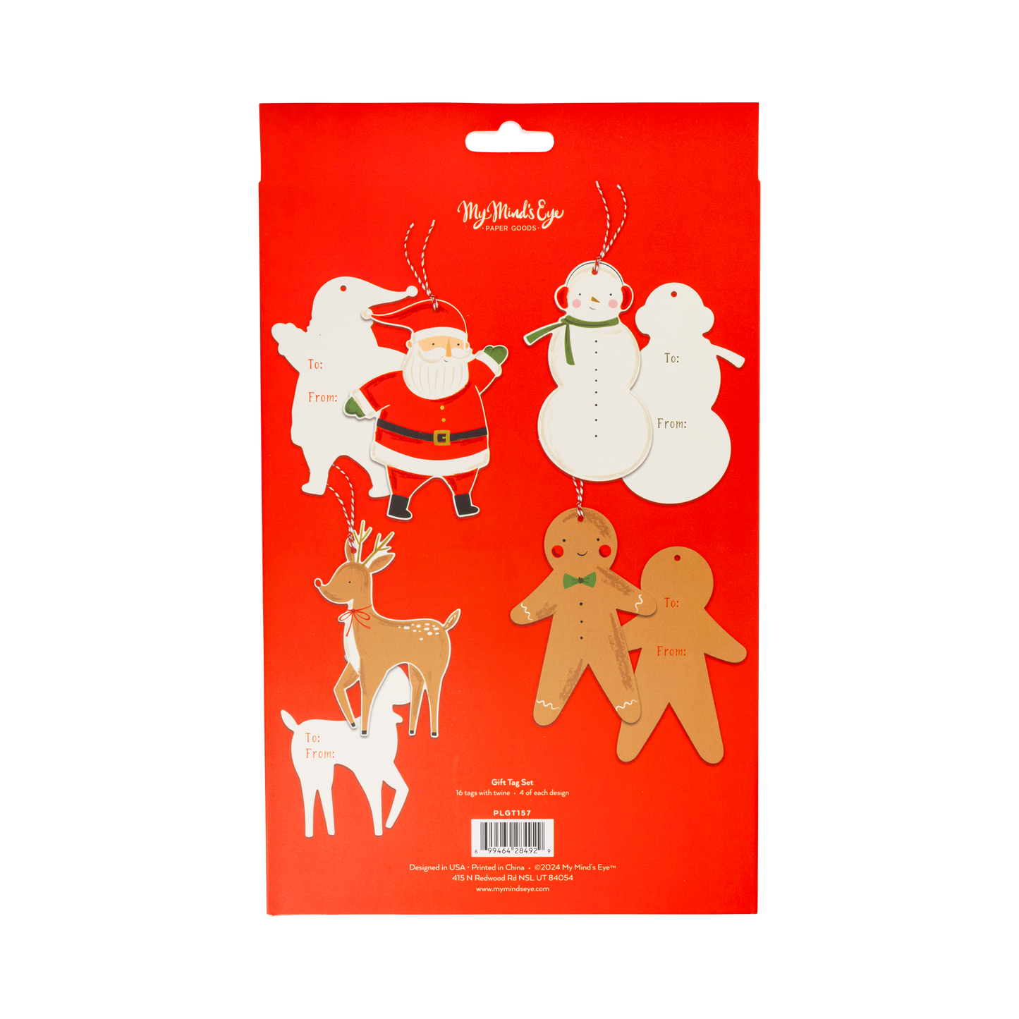 Red packaging with Christmas-themed gift tags.