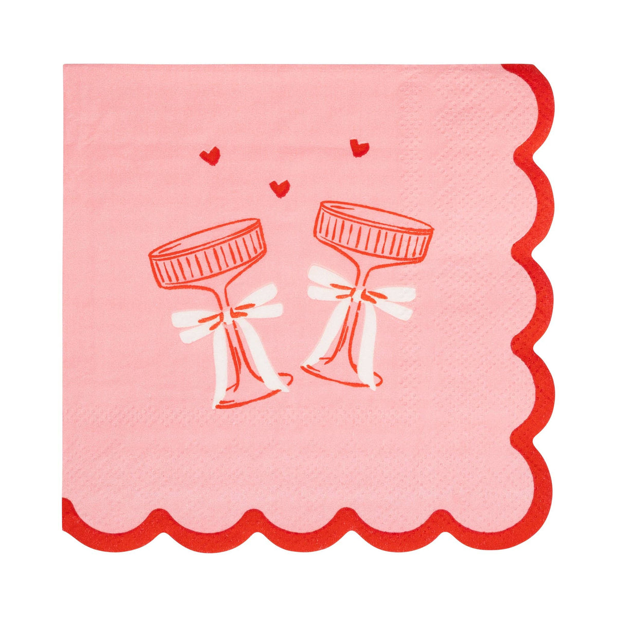 Pink Clink Glasses cocktail napkins with red champagne coupe illustrations, white bows and scalloped edges. Pack of 24. Pick up in Toronto + Canada-wide shipping available.