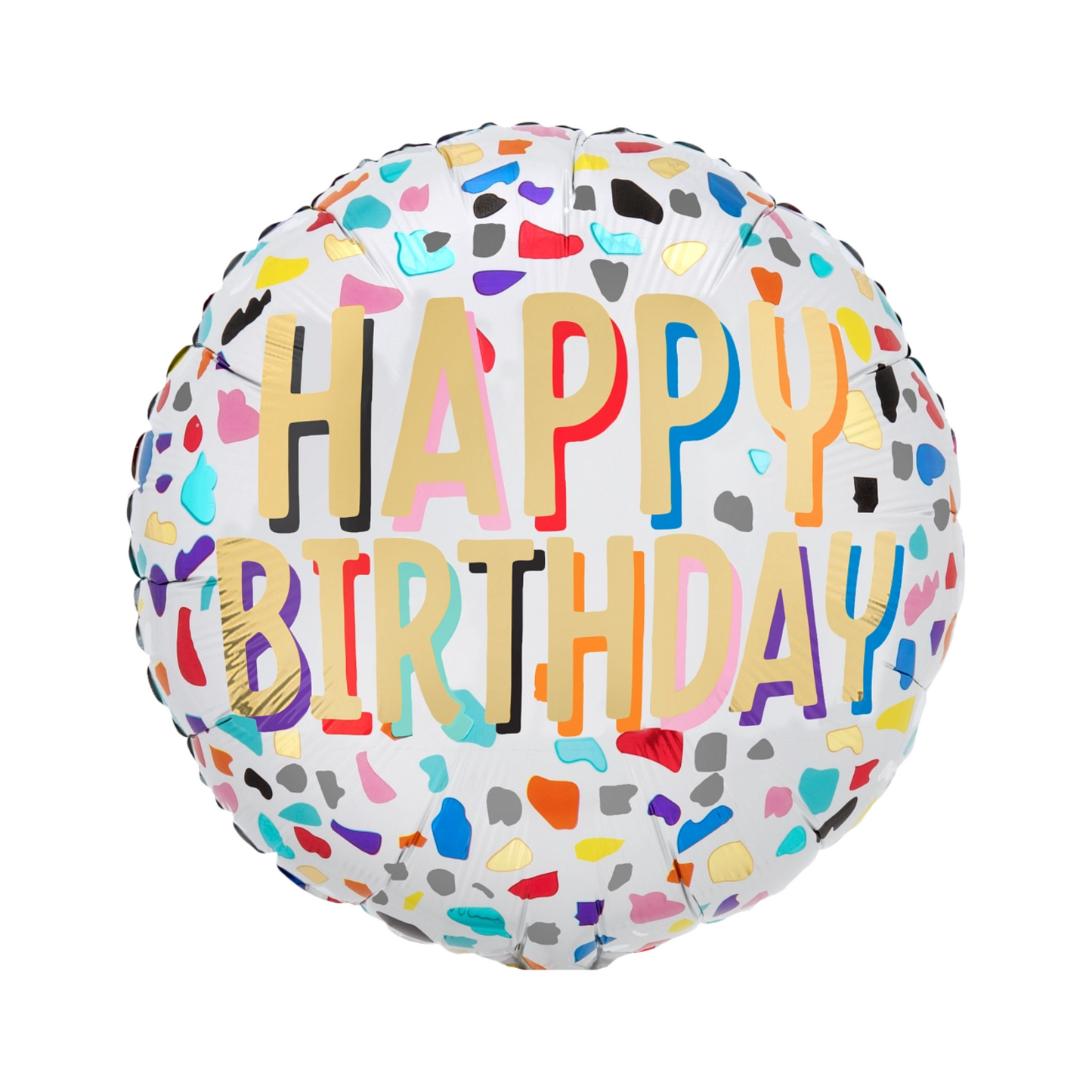 Round foil balloon with colourful confetti spots and βHappy Birthdayβ text, perfect for birthday celebrations, available in Toronto and shipping across Canada.