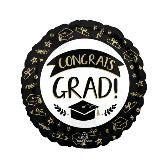 congrats grad! round black, white and gold foil balloon