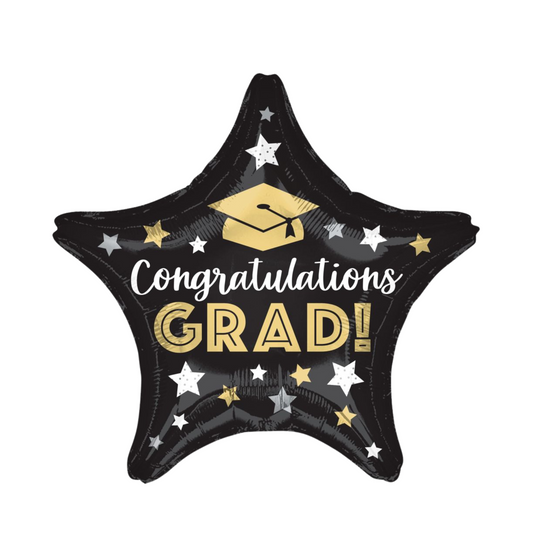 black star with gold script 'congratulations grad' foil balloon