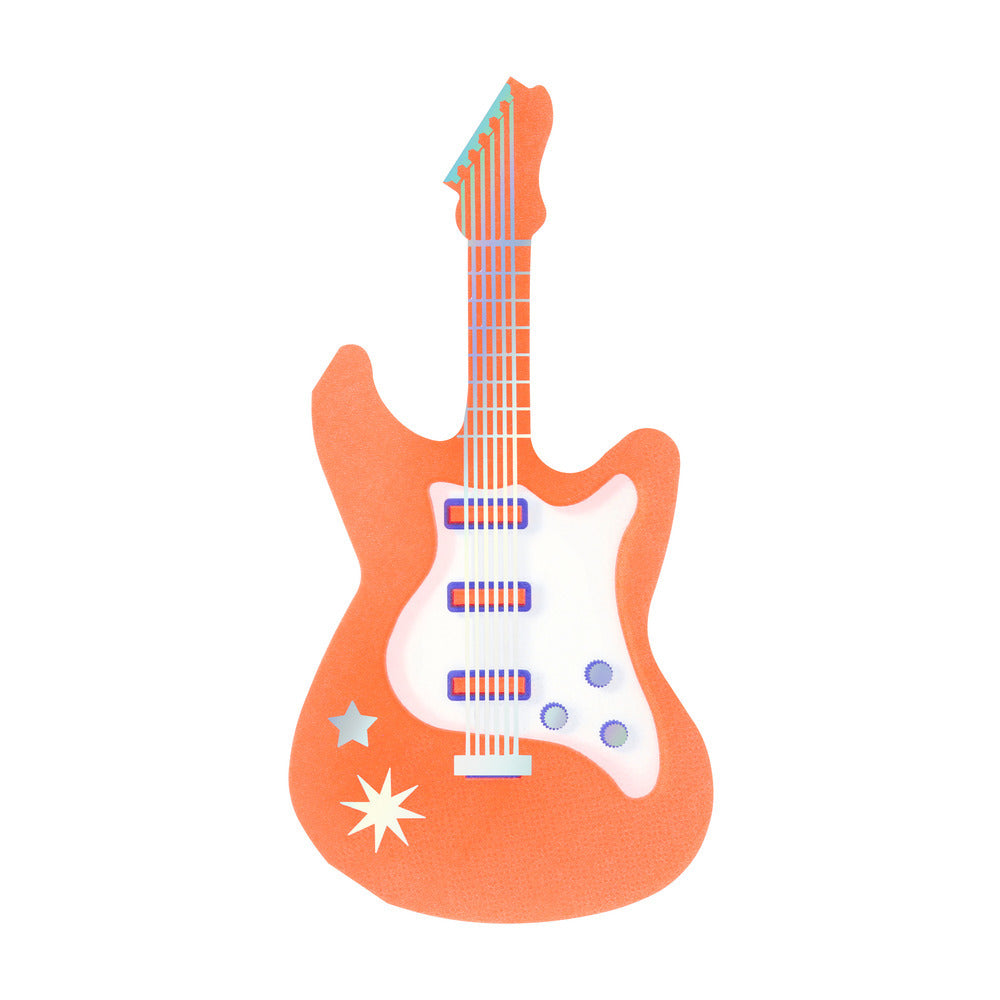Coral electric guitar shaped party napkins by Meri Meri for rock themed birthdays, available in Toronto and shipping across Canada.