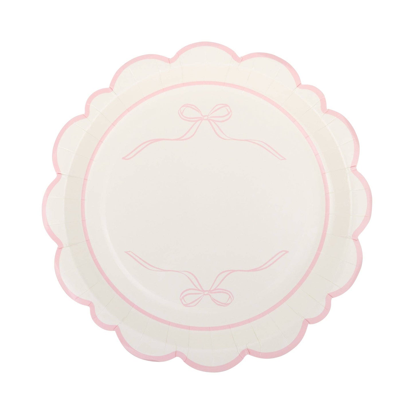 Cream scalloped paper plate with pink bow accents, available in Toronto at Confetti My Party