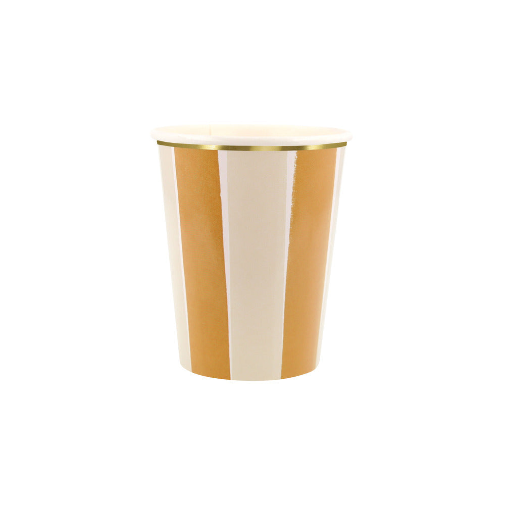 Golden yellow and cream striped paper cup with gold foil trim for fall parties