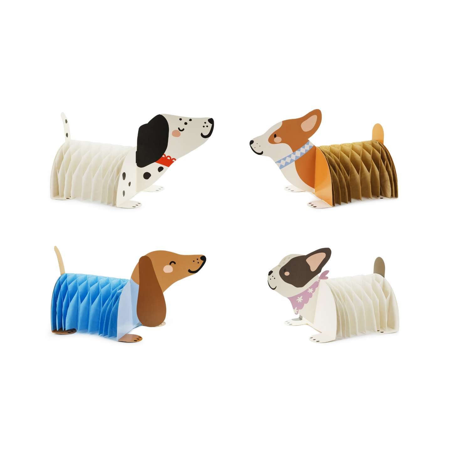 Four paper dog honeycomb dog decorations in different colours