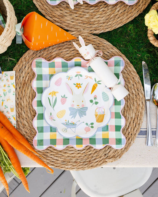 Bunny Easter cracker styled on a spring Easter table with pastel plates, carrots, and woven placemats
