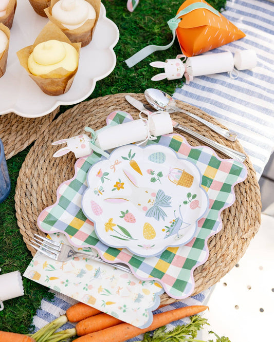 Easter scatter dinner napkins styled on a spring table with gingham plates and bunny details, available in Toronto at Confetti My Party