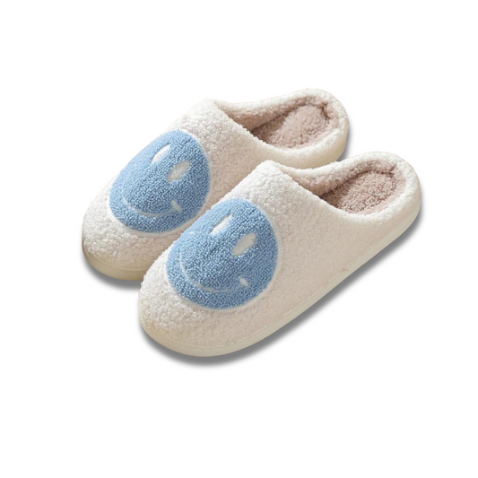 FUZZY HAPPY FACE SLIPPERS - BLUE + WHITE