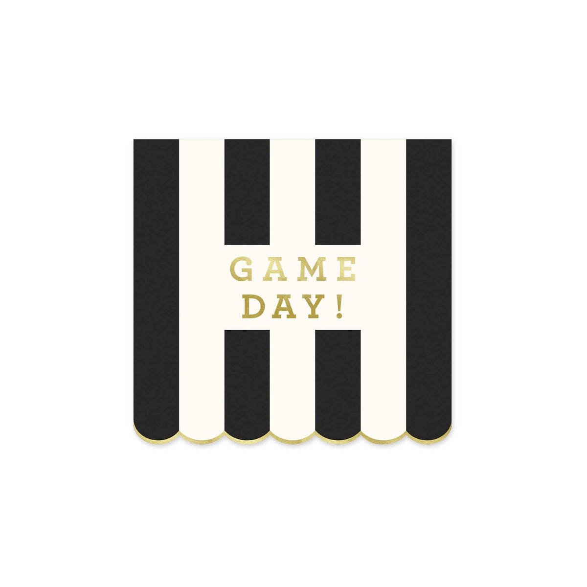 Black and cream striped Game Day football cocktail napkins with scalloped edges and gold foil lettering