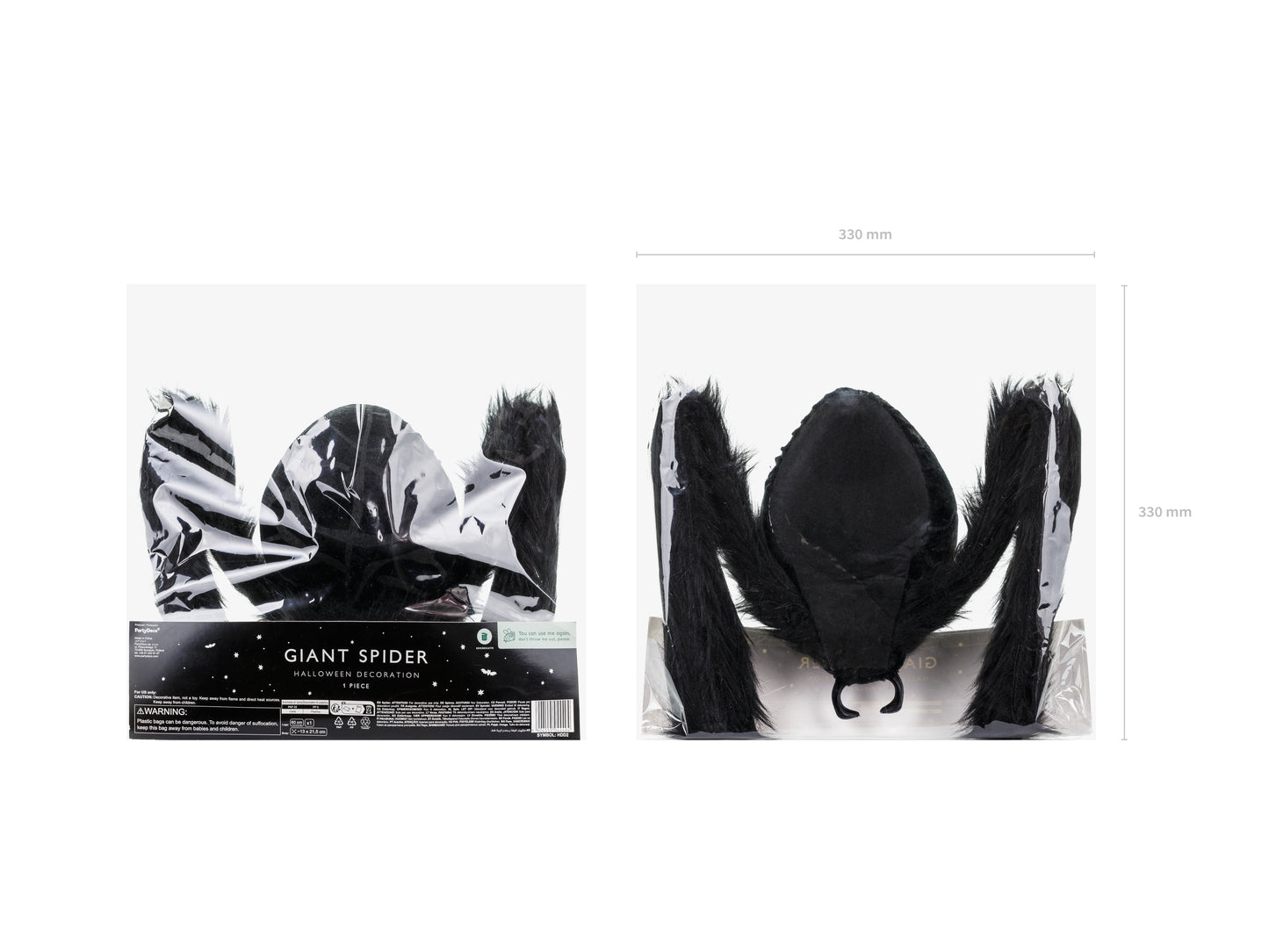 Packaging of giant black spider Halloween decoration with furry body and bendable legs, approx. 40 inches wide.