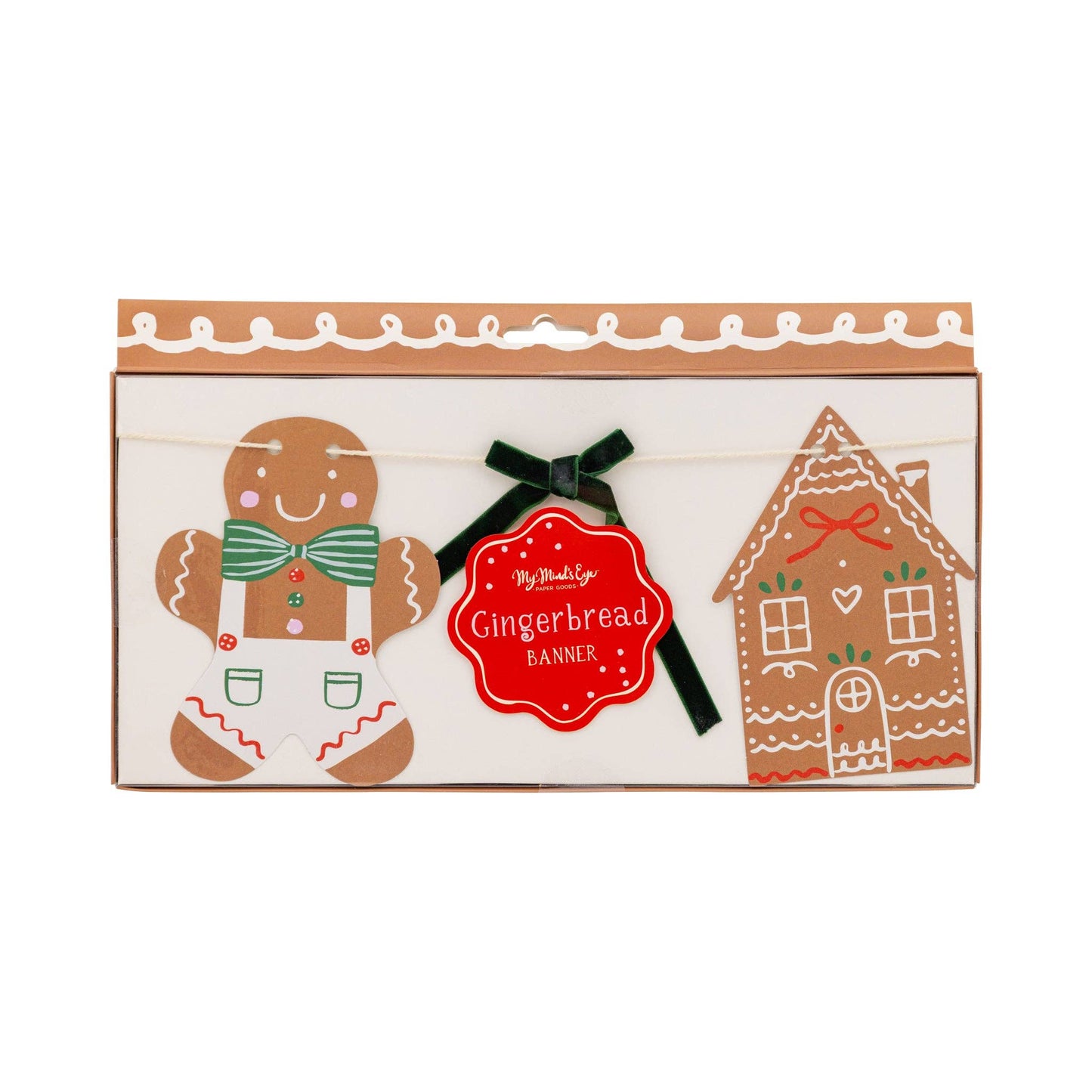 Packaged gingerbread banner with gingerbread man and house designs, ready to hang for holiday celebrations.