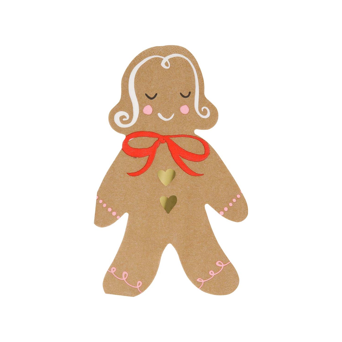 Gingerbread girl shaped napkin with a red bow on a white background