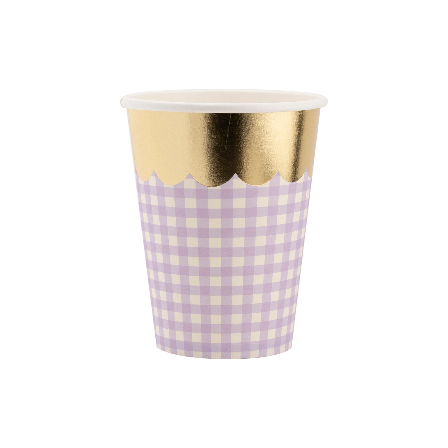 purple gingham cups with gold scalloped edge