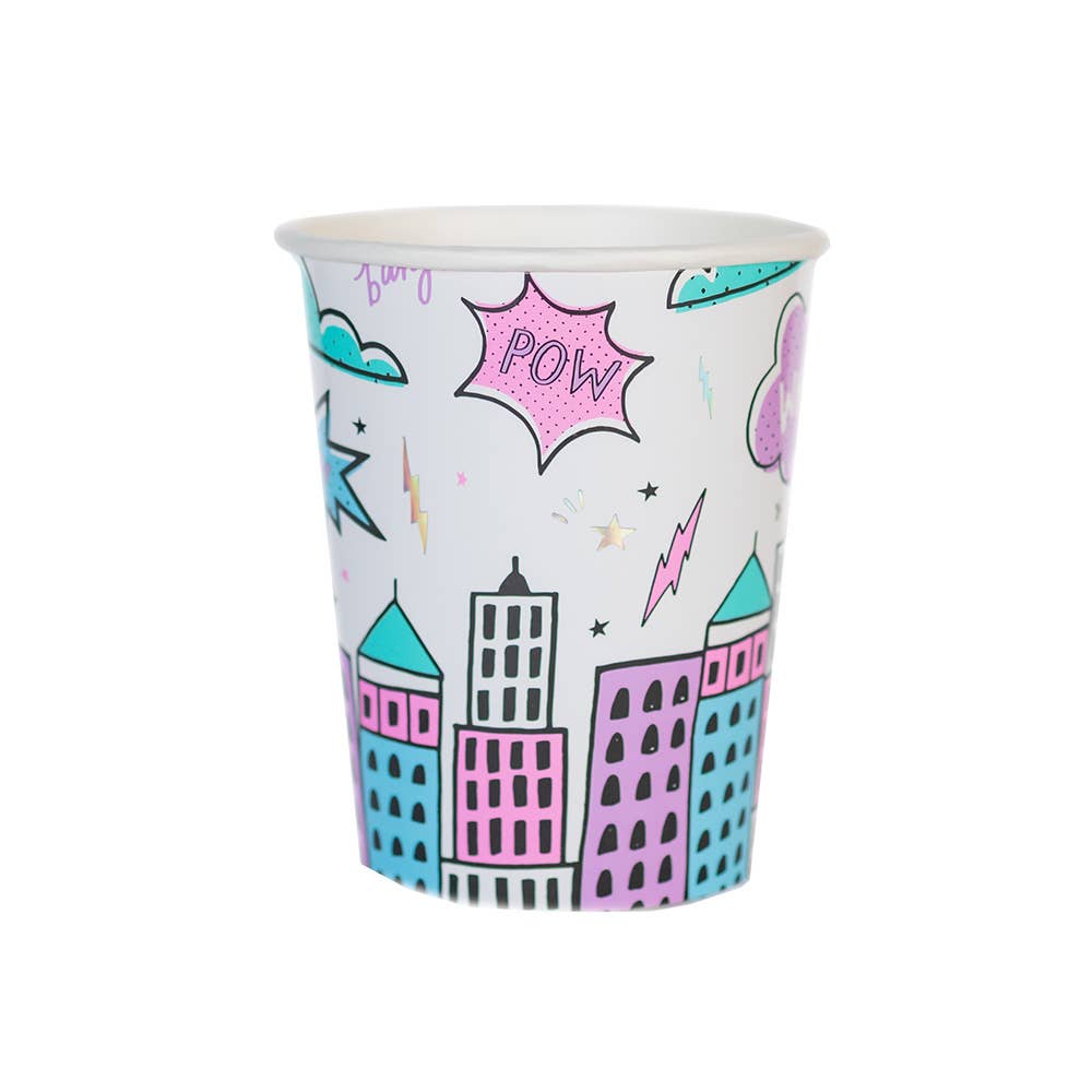 Girl power superhero paper cup with pink, purple and blue comic book city graphics.
