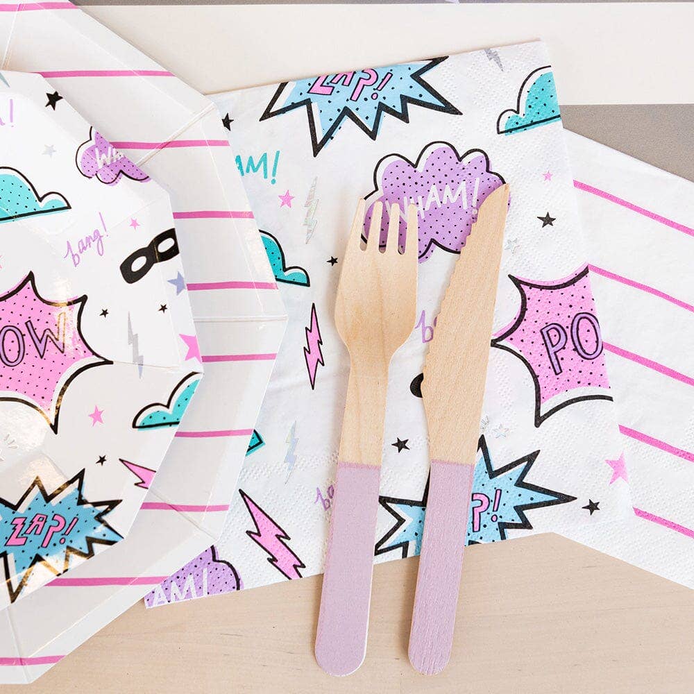 Pink and purple Superhero themed party supplies including napkin, plate and cutlery.