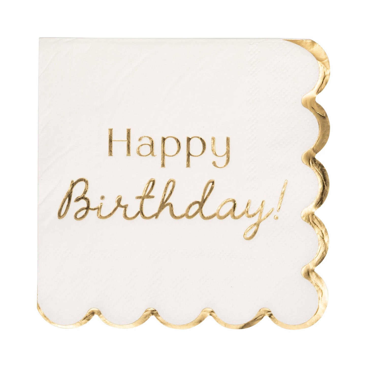 Happy Birthday cocktail napkins with gold foil lettering and scalloped gold edges available at our Toronto party shop.