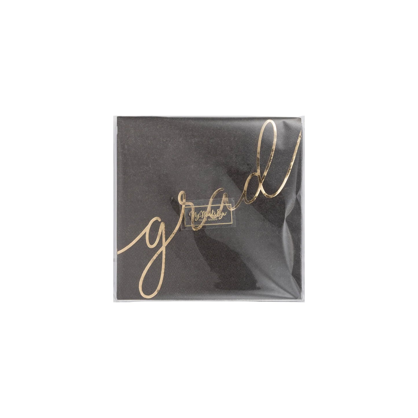 gold script 'GRAD' black cocktail napkins
