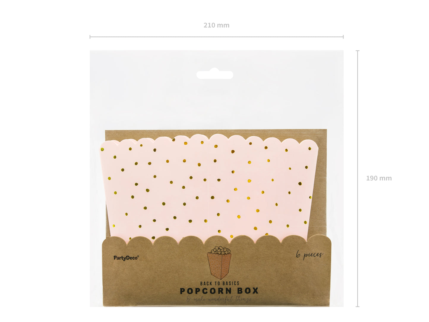 gold dotted popcorn box in package with product dimensions