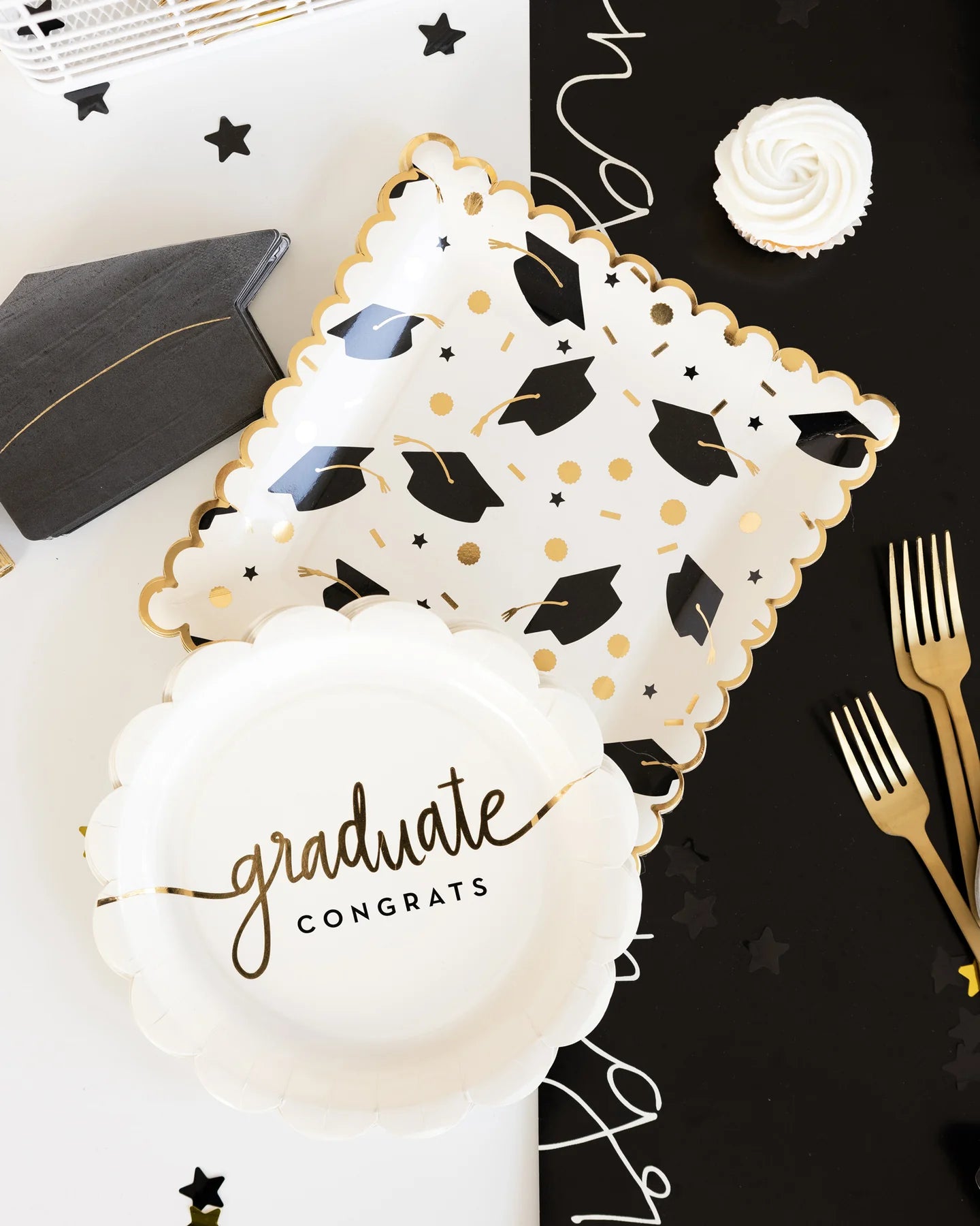 black, white and gold graduation paper plates