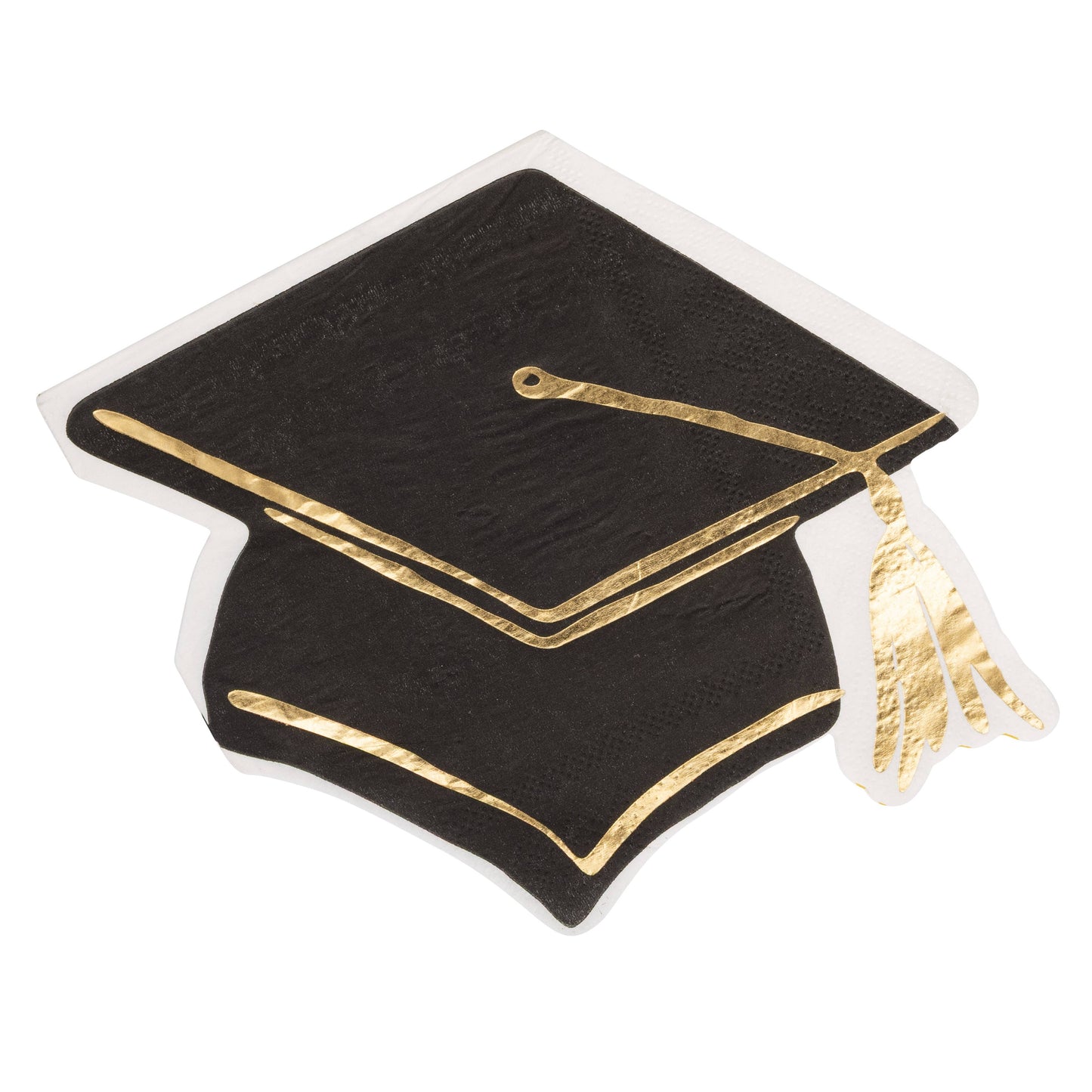 Black graduation cap shaped cocktail napkins with gold foil details, sold in Toronto at Confetti My Party