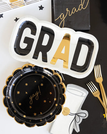 gold script 'GRAD' black cocktail napkins