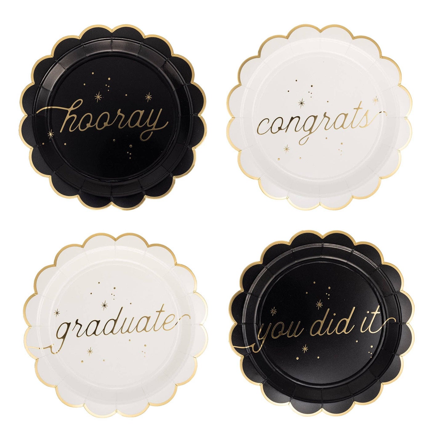 Graduation well wishes dessert plates in black, white, and gold with phrases hooray, congrats, graduate, and you did it, sold in Toronto at Confetti My Party